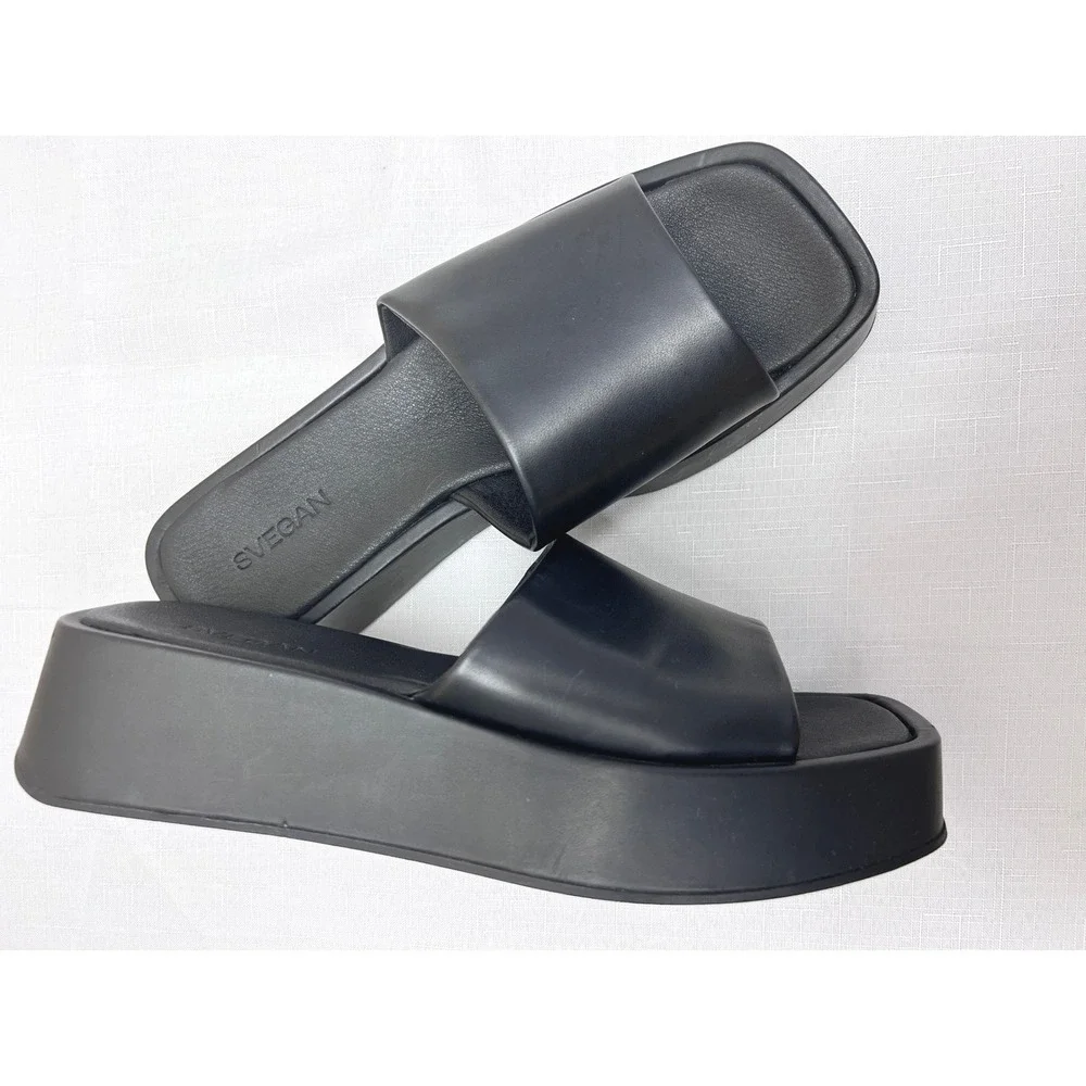 SVEGAN Platform Slide Sandals Women Size 42 Black Excellent Vegan Square‎ Toe